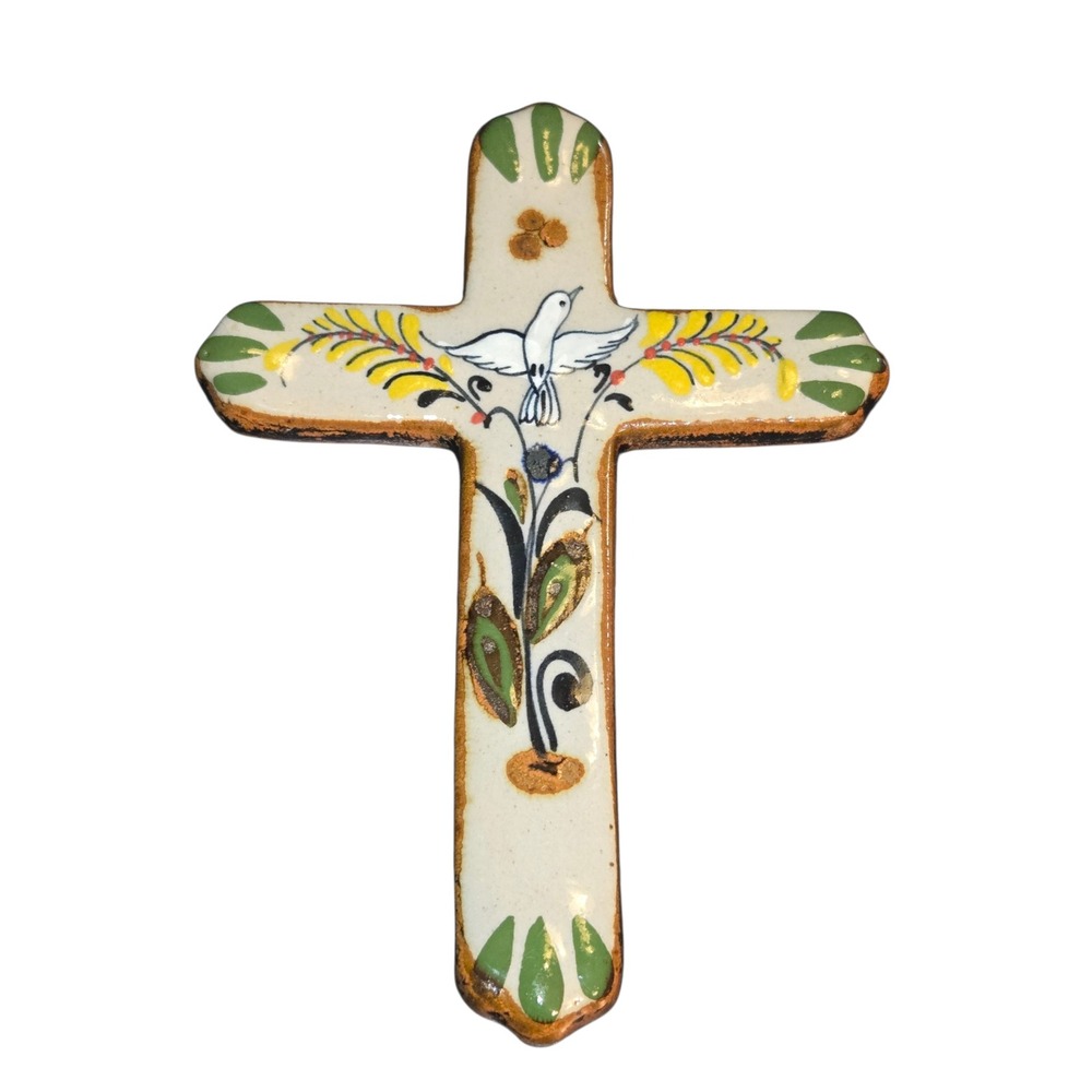 Tonala Ceramic Wall Cross Unsigned Multicolor Hand Painted Dove Floral Folk Art